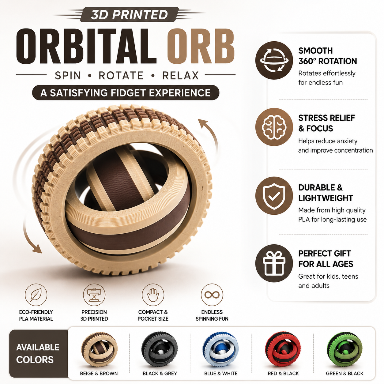 3D Printed Orbital Orb Fidget Toy | Gyroscope Desk Toy | Stress Relief & Sensory Toy | PLA — photo 1